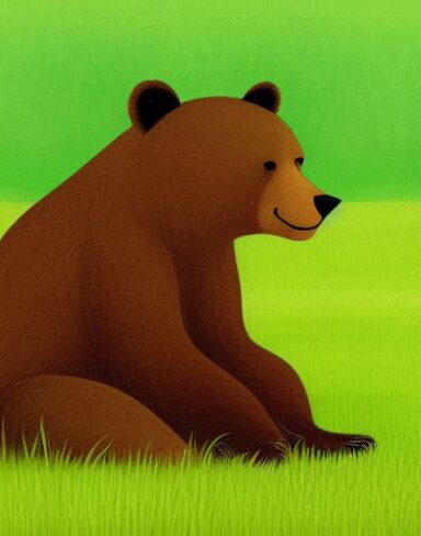 Brown bear sitting on the lush green field