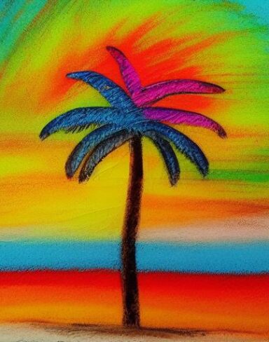 Color painting of a palm tree on a beach
