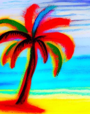 Color painting of a palm tree on a beach