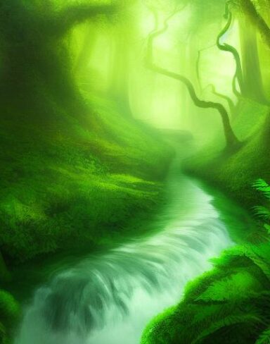 Curve stream running through a green forest