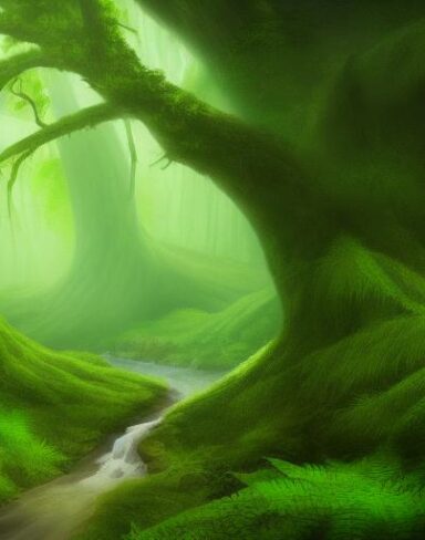 Curve stream running through a green forest