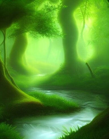 Curve stream running through green forest