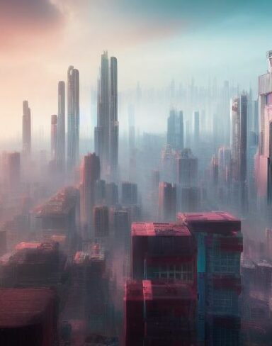 Digital city filled with tall buildings