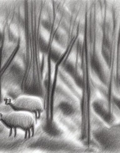 Drawing of sheep and trees in the forest
