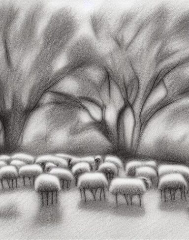 Drawing of sheeps and trees in rural area