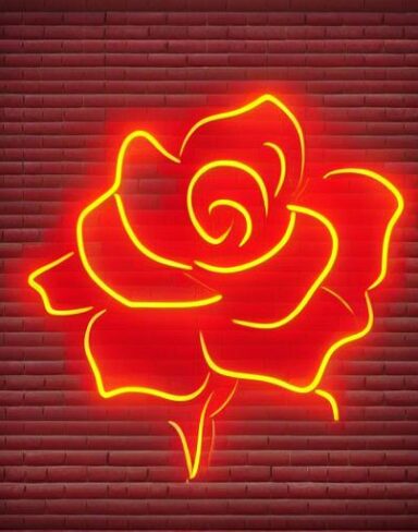 Flower neon sign on a brick wall