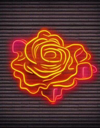 Flower neon sign on a brick wall