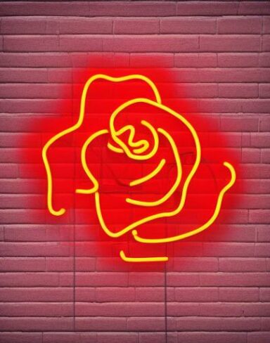 Flower neon sign on the brick wall