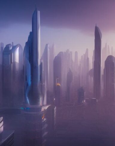 Futuristic city filled with lots of tall buildings and citizens