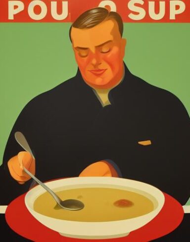 Man holding the spoon in front of a bowl of soup