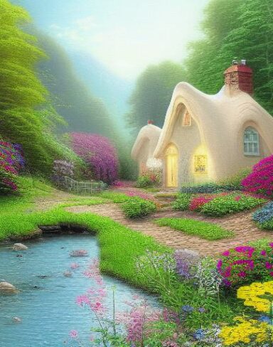 Painting of a cottage by a river with vivid flowers