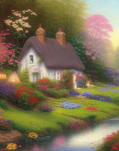 Painting of a cottage near a river with many flowers