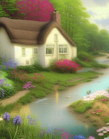 Painting of a cottage near a river with many flowers