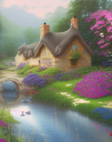 Painting of a cottage near a river with many flowers
