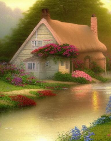 Painting of a cottage near a river with many flowers