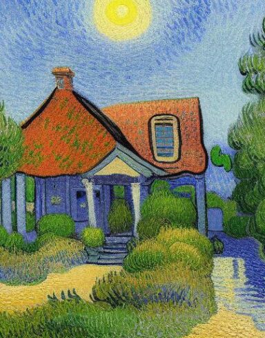 Painting of a house in a garden