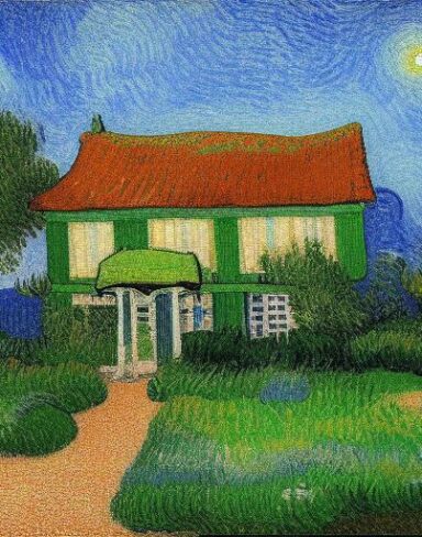 Painting of a house in garden