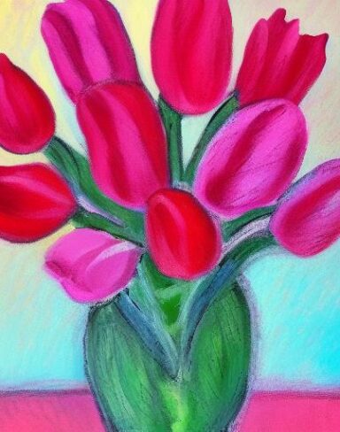 Painting of many pink flowers in a vase