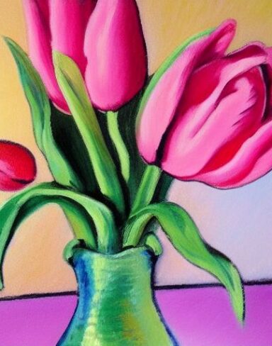 Painting of pink tulips in one vase