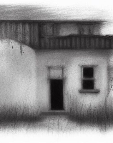 The black and white charcoal drawing of house