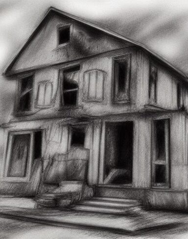 The black and white charcoal drawing of house