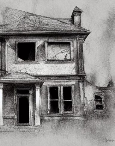 The black and white drawing of the house