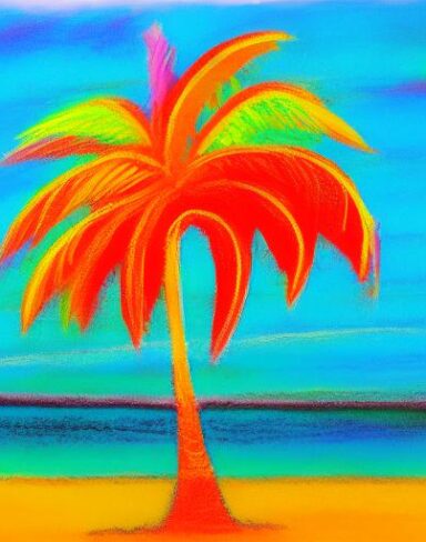The color painting of a palm tree on a beach