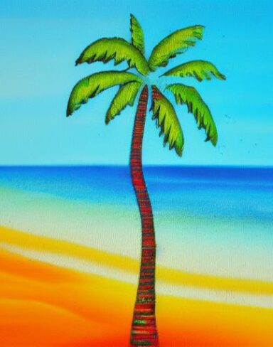 The color painting of a palm tree on a beach