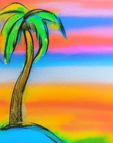 The color painting of a palm tree on a beach