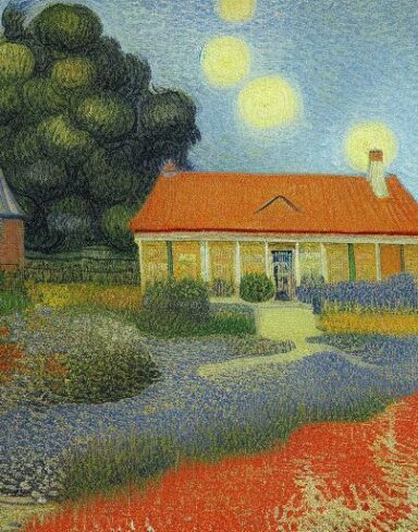 The impressionism painting of the house with garden and flowers