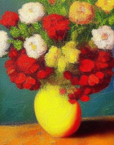 The painting of several flowers in a vase