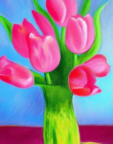 The painting of several pink flowers in a vase