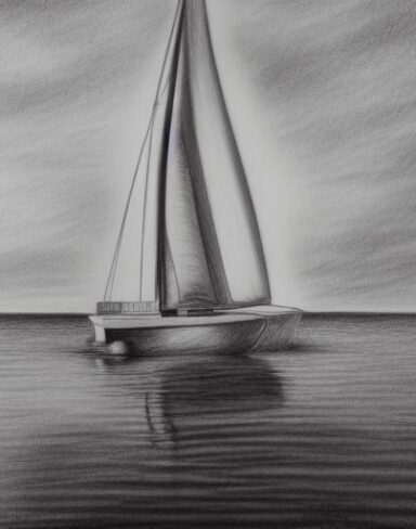 The pencil drawing of a sailboat in the water