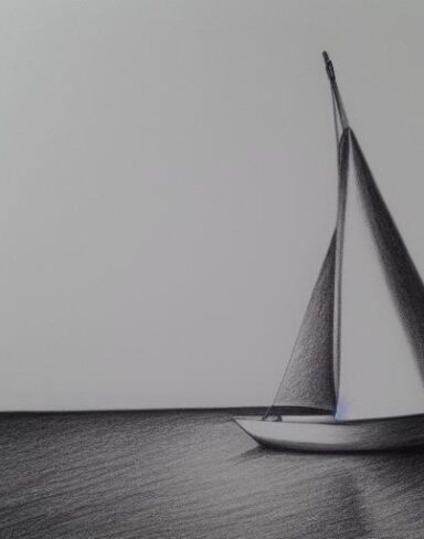 The pencil drawing of a sailboat in the water