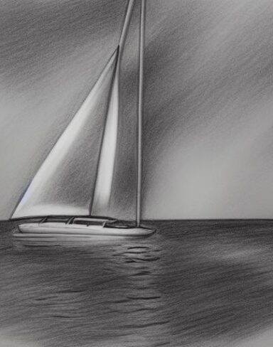 The pencil drawing of a sailboat in the water