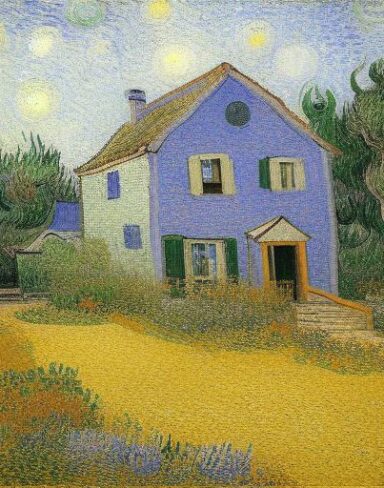 The van gogh art painting of a house in the garden