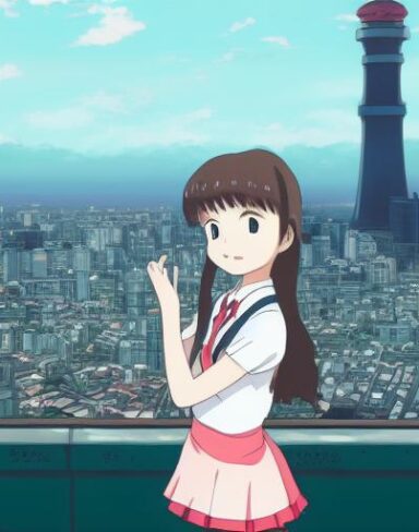 This enchanting anime portrait from Studio Ghibli portrays a school girl in front of the vibrant Tokyo cityscape in an analog photo style. The school girl stands on a rooftop