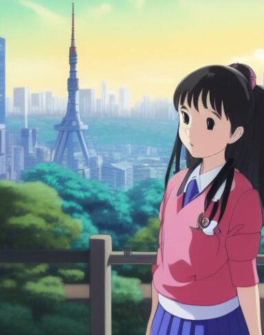 This stunning anime portrait from Studio Ghibli captures a school girl in front of the vibrant Tokyo cityscape in an ultra wide-angle shot. The school girl stands tall in the center