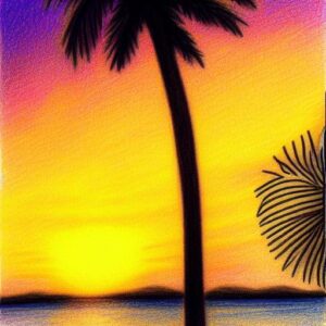 A drawing of a yellow sunset with a palm tree