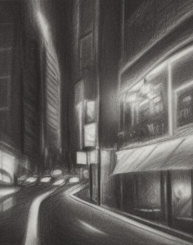 A black and white Charcoal drawing of a city street with restaurant and bar at night time