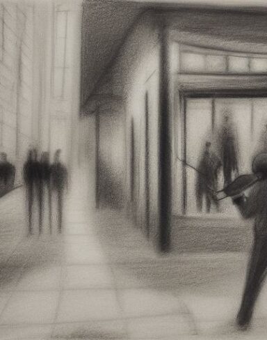 A black and white Charcoal drawing of a man playing violin in the city street at night