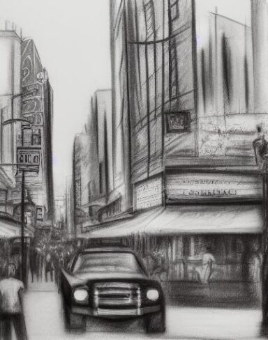A black and white Charcoal drawing of a soothing city street with restaurant and bar