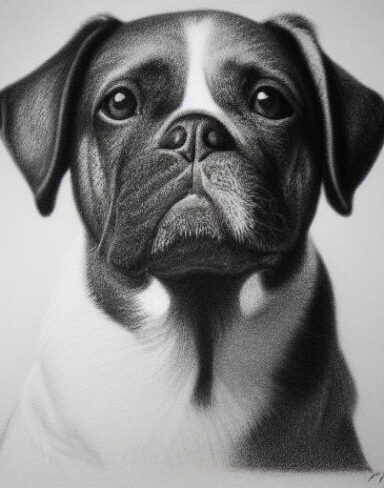 A black and white charcoal drawing of a dog