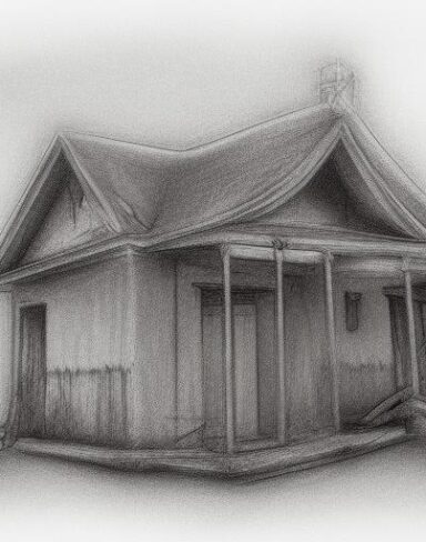 A black and white charcoal drawing of a house