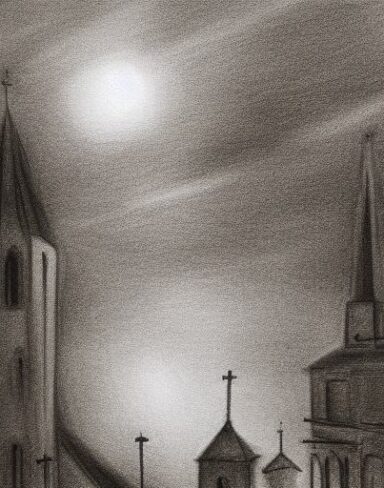 A black and white drawing of a city and church at night with a soothing starry sky a charcoal drawing by László Paál