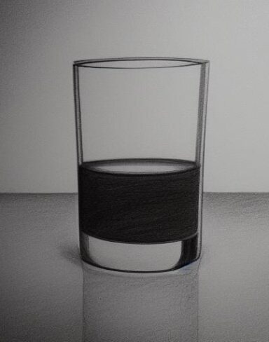 A black and white drawing of a glass of water on a table