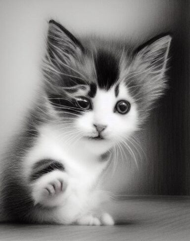A black and white drawing of a kitten playing around