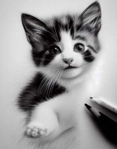 A black and white drawing of a kitten playing around