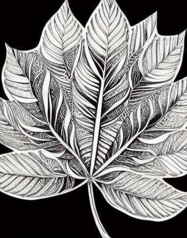 A black and white drawing of a leaf