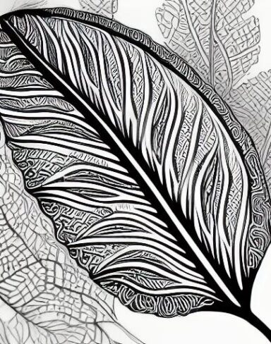 A black and white drawing of a leaf